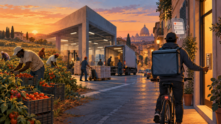 Illustrazione del lavoro nei campi, nella logistica e nelle consegne a domicilio in Italia.